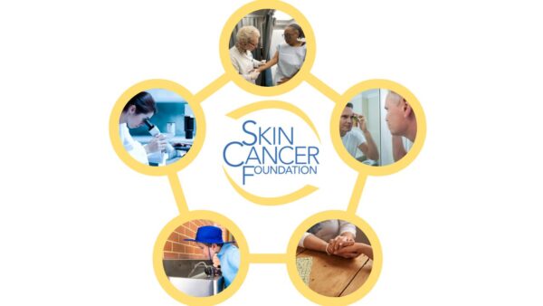 skin-cancer-foundation The Skin Cancer Foundation logo surrounded by related images: a doctor examining a patient, a scientist using a microscope, a man checking his skin in a mirror, a child using a drinking fountain, and a person holding another's hand.